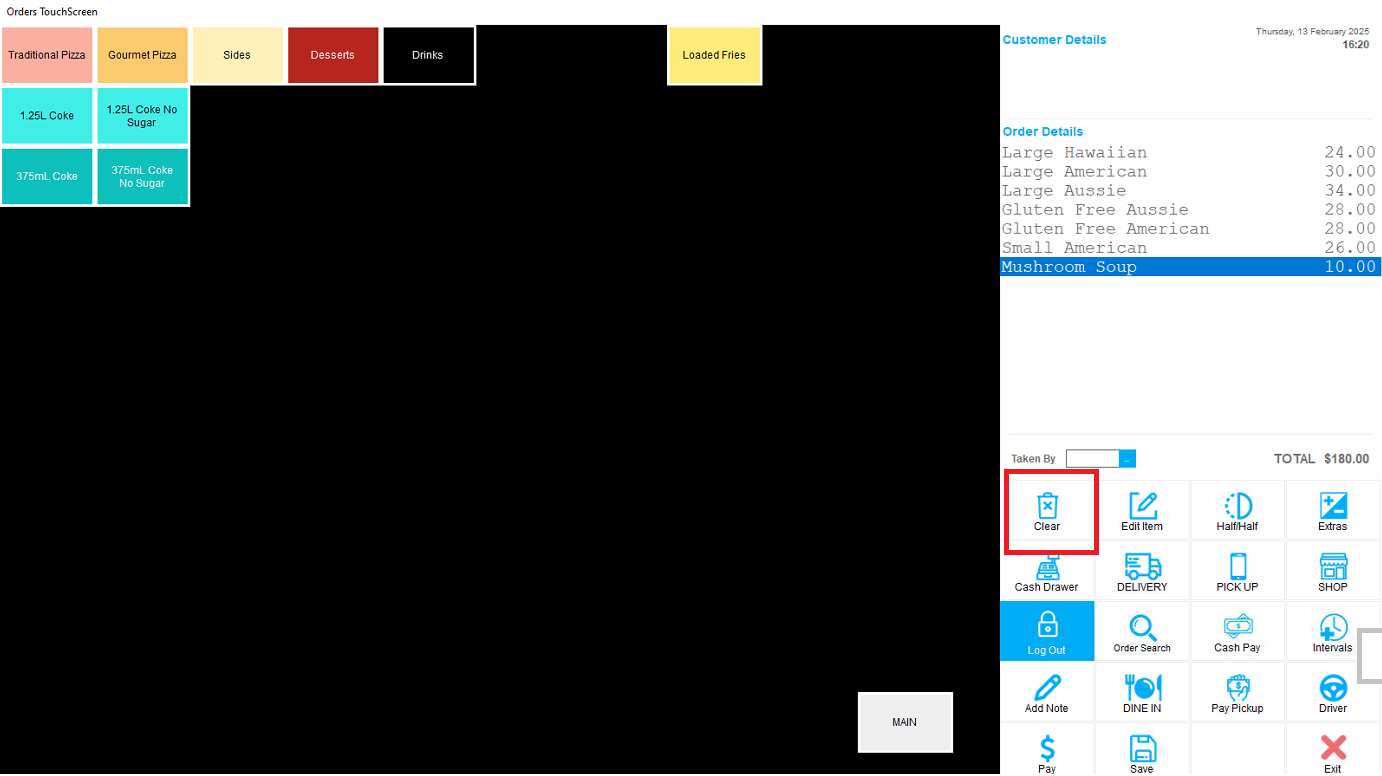 How to Clear All Items on Your Current Order Screen (Clear Button).