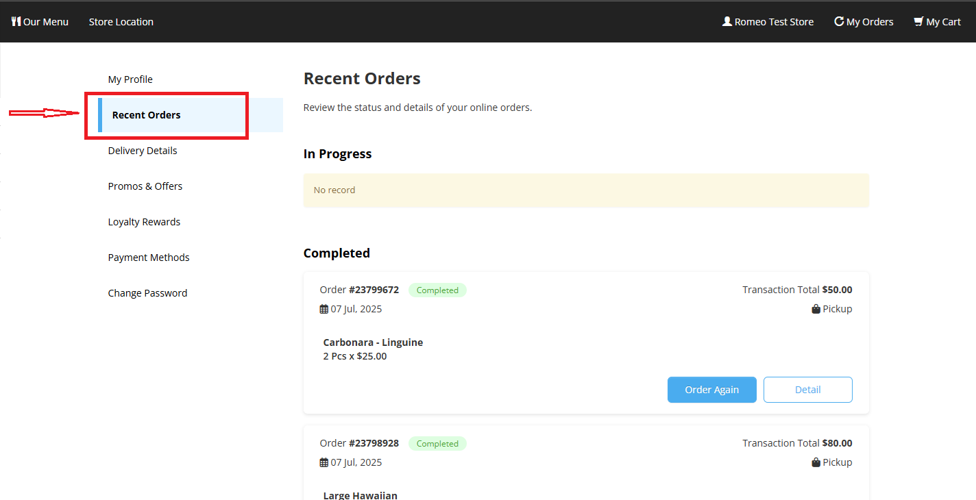 How to View Recent Orders on My Account Page (Online Ordering)